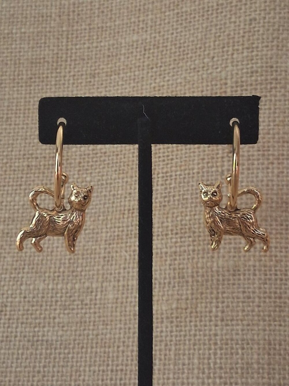 Whimsical Gold-Tone Cat Charm Hoop Earrings